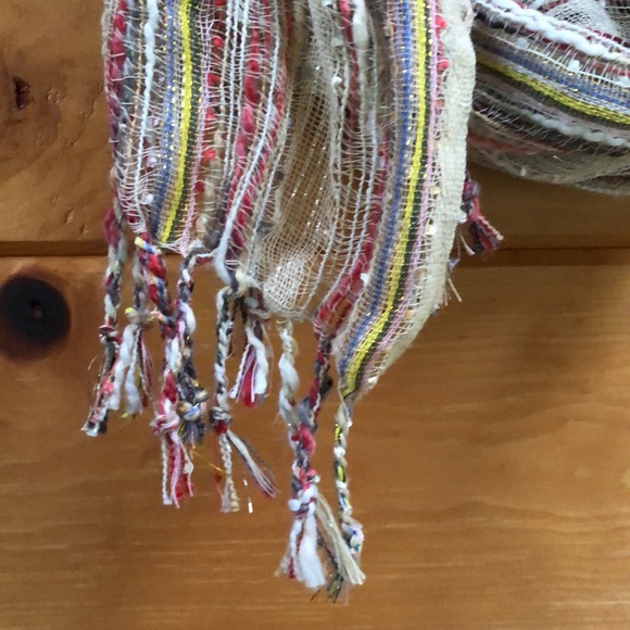 Woven Lurex Fringe Beige Multi Color Gold Silver Embellished Scarf 64” long - Picture 3 of 5